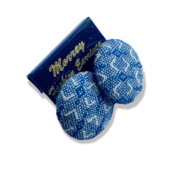 80s fabric covered button style earring blue white - Picture 2 of 3